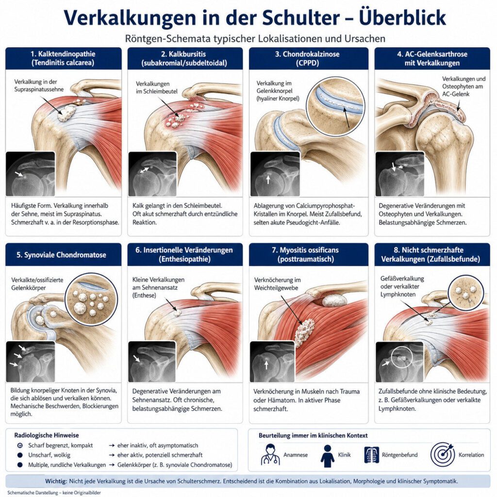 Schematische Darstellung von Verkalkungen der Schulter im Röntgen mit Kalktendinopathie, Kalkbursitis, Chondrokalzinose, AC-Gelenksarthrose und synovialer Chondromatose