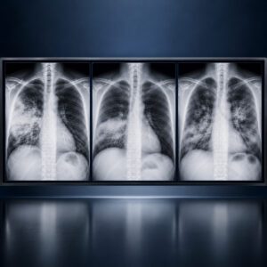 Drei Thoraxröntgenaufnahmen mit unterschiedlichen pneumonischen Verschattungsmustern: fokale alveoläre Konsolidierung, segmentale Verdichtung und multifokale Bronchopneumonie.