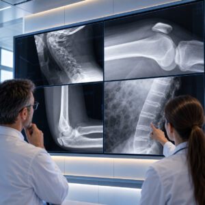 Zwei Radiologen besprechen Röntgenaufnahmen von Halswirbelsäule, Knie, Ellenbogen und Lendenwirbelsäule auf einer grossen Monitorwand.