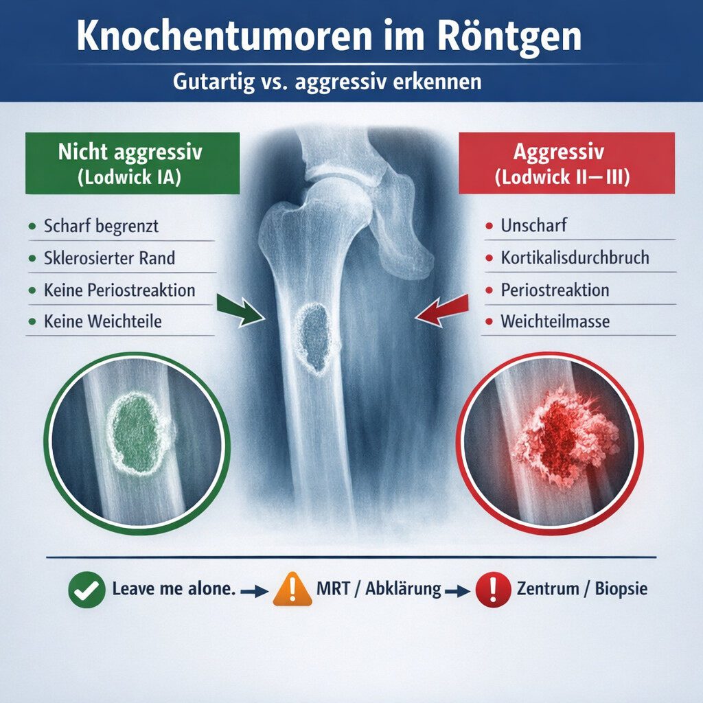 Schematische Darstellung von Knochentumoren im Röntgenbild mit Unterscheidung zwischen benignen und aggressiven Läsionen nach Lodwick-Klassifikation