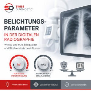 Hero-Bild für den SwissDiagnostic-Fachartikel zu Belichtungsparametern in der digitalen Radiographie mit kV-, mAs-Elementen, digitalem Thoraxröntgen und SD-Logo.