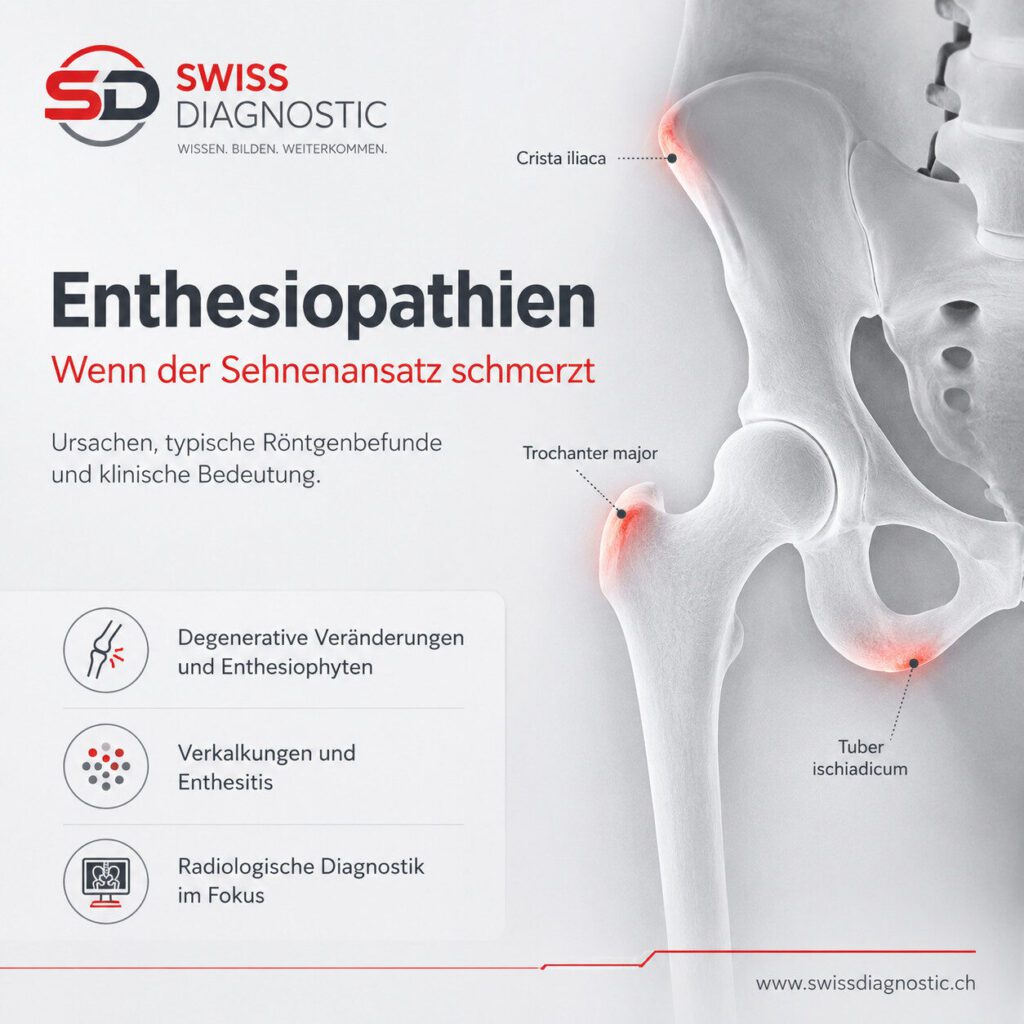 Schematische Darstellung typischer Enthesiopathien am Becken und Hüftgelenk mit Hervorhebung der Ansatzstellen an Crista iliaca, Trochanter major und Tuber ischiadicum.