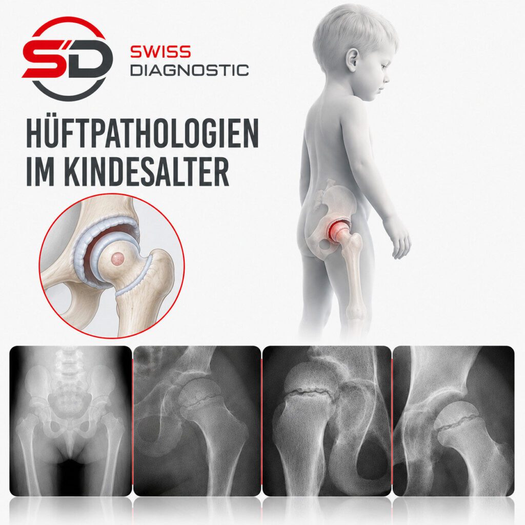 Illustration zu den wichtigsten Hüftpathologien im Kindesalter mit kindlichem Hüftgelenk und beispielhaften Röntgenaufnahmen zu Entwicklungsdysplasie der Hüfte, Morbus Perthes und Epiphysiolysis capitis femoris.