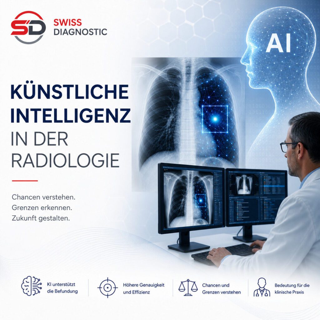 Illustration zur künstlichen Intelligenz in der Radiologie mit Thoraxröntgen, KI-Analyse und Radiologe am Befundungsarbeitsplatz.