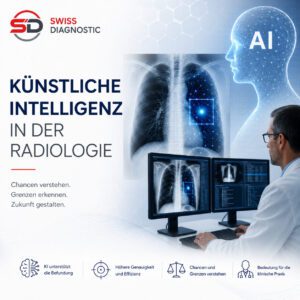 Illustration zur künstlichen Intelligenz in der Radiologie mit Thoraxröntgen, KI-Analyse und Radiologe am Befundungsarbeitsplatz.