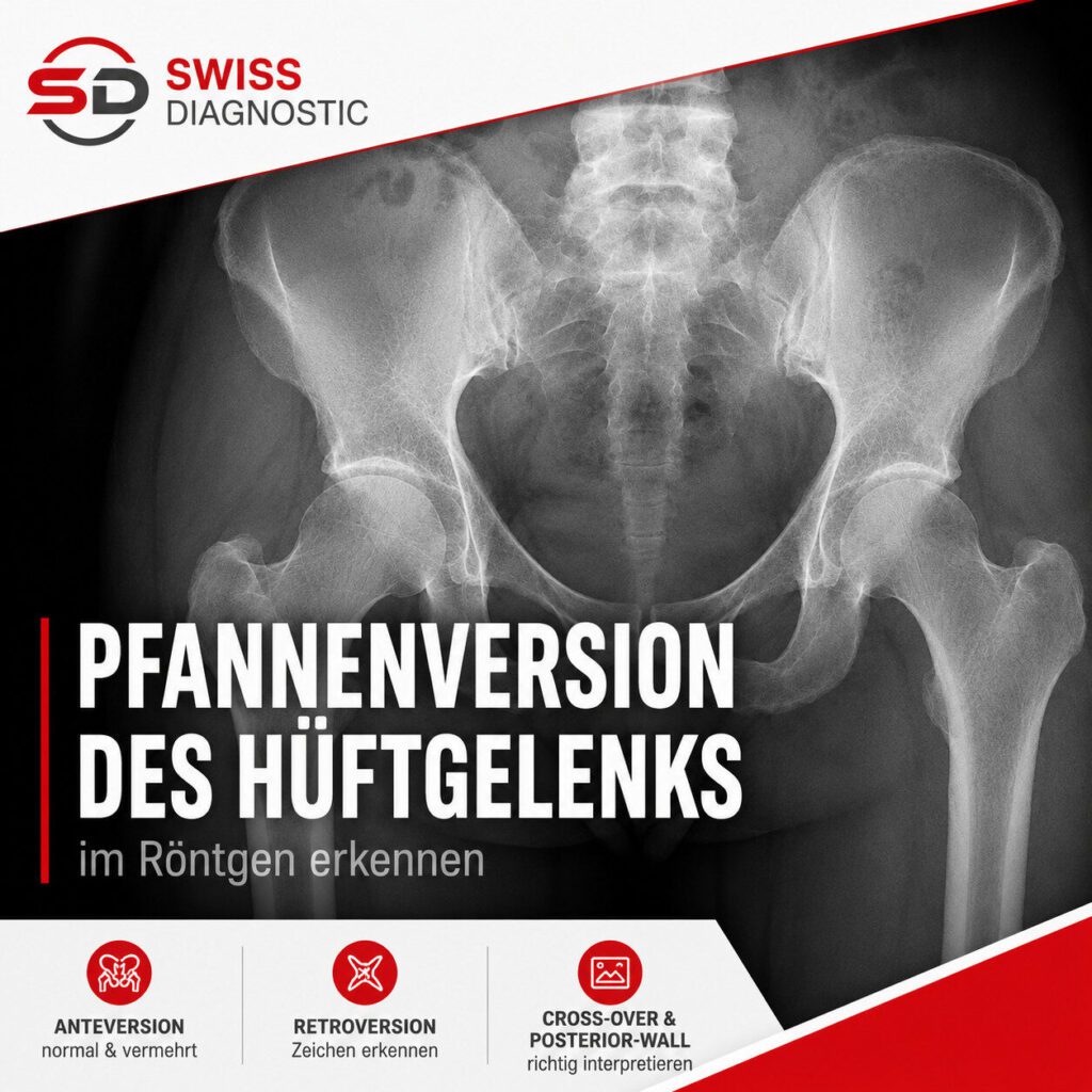 AP-Beckenübersichtsaufnahme zur Beurteilung der Pfannenversion des Hüftgelenks. Darstellung von Anteversion, Retroversion sowie Cross-over- und Posterior-wall-Zeichen.