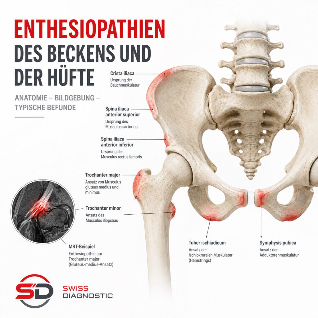 Anatomische Darstellung der wichtigsten Enthesen des Beckens und der Hüfte mit markierten Ansatzstellen