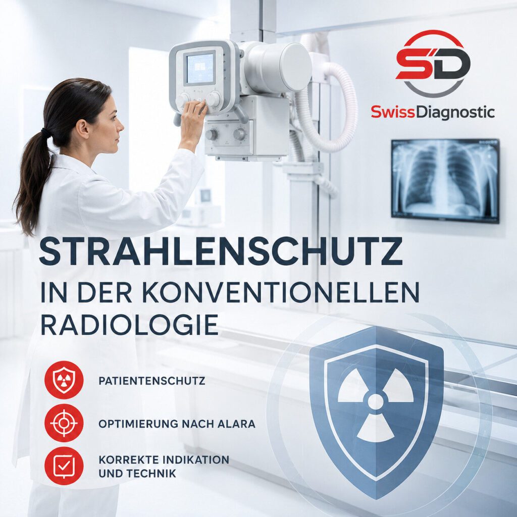 Ärztin an einem digitalen Röntgengerät – Strahlenschutz in der konventionellen Radiologie mit Fokus auf ALARA, Patientenschutz und standardisierte Einstelltechnik.