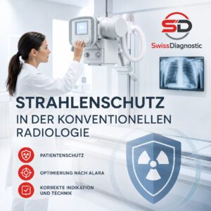 Ärztin an einem digitalen Röntgengerät – Strahlenschutz in der konventionellen Radiologie mit Fokus auf ALARA, Patientenschutz und standardisierte Einstelltechnik.