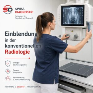 Röntgenfachperson stellt vor einer Beckenaufnahme die Einblendung am Röntgengerät ein, um Strahlenexposition zu reduzieren und die Bildqualität zu verbessern.