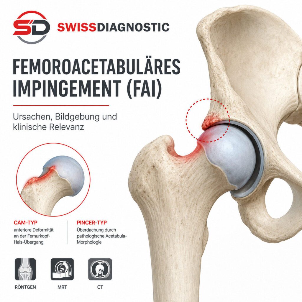 Femoroacetabuläres Impingement (FAI) des Hüftgelenks mit Darstellung eines Cam- und Pincer-Impingements sowie der wichtigsten bildgebenden Verfahren (Röntgen, MRT und CT).