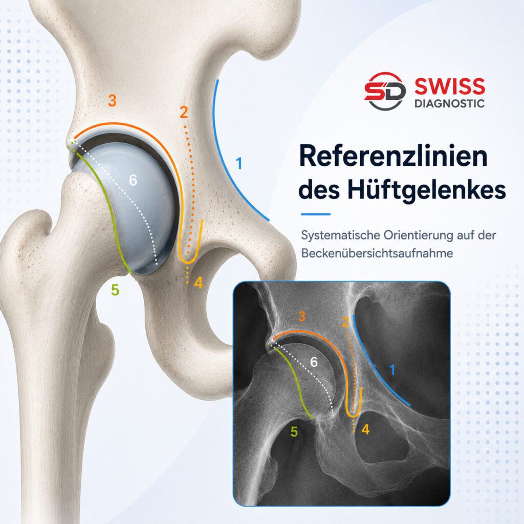 Anatomische Referenzlinien des Hüftgelenks im Röntgen mit schematischer Hüftdarstellung und korrespondierender Röntgenaufnahme.