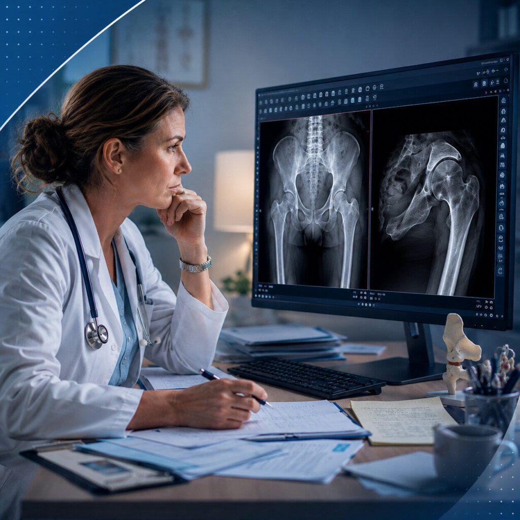 Ärztin beurteilt Hüftröntgenbilder an einem Monitor in einer radiologischen Praxis.