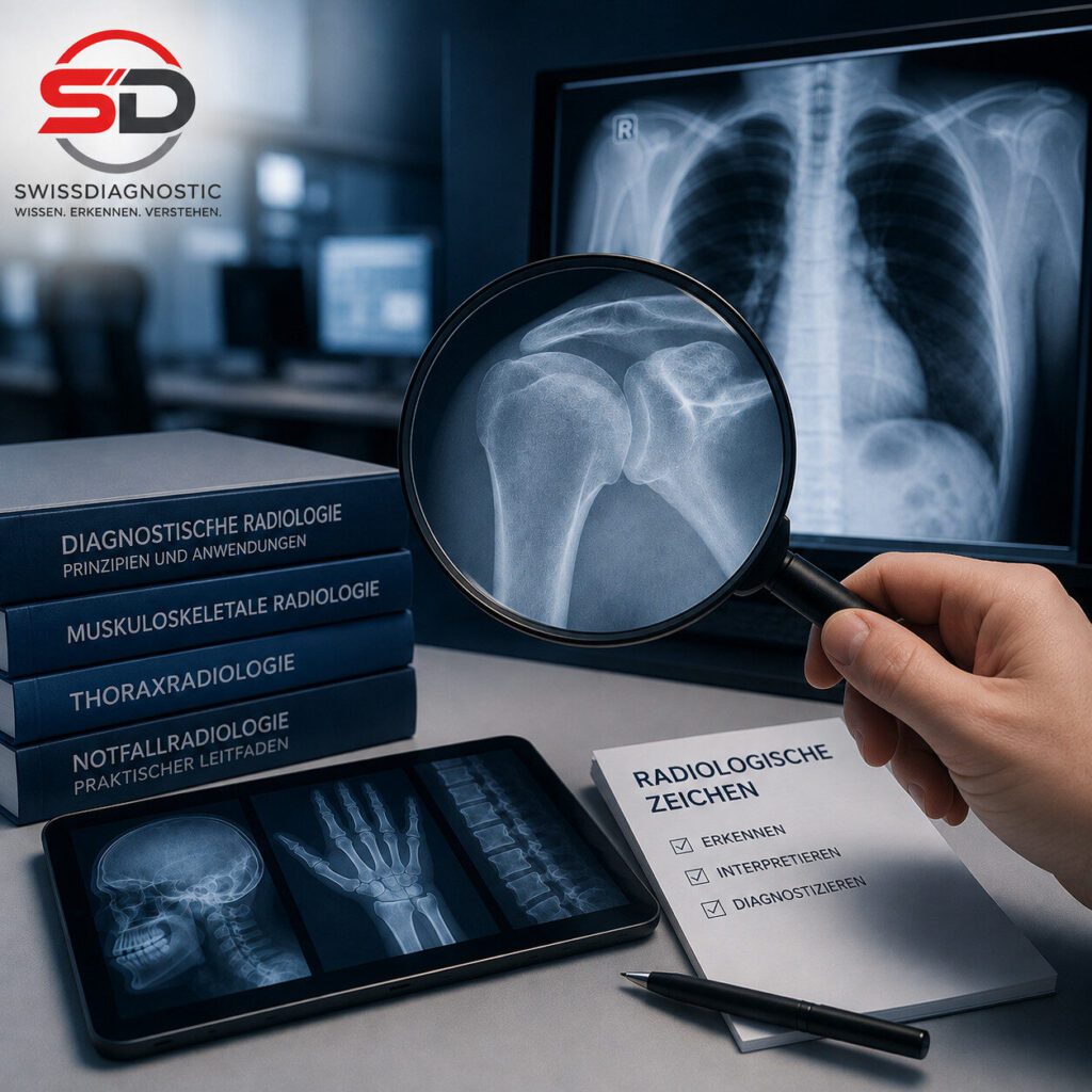 Radiologischer Arbeitsplatz mit verschiedenen Röntgenbildern und Lupe als Symbol für radiologische Zeichen in der konventionellen Radiologie.