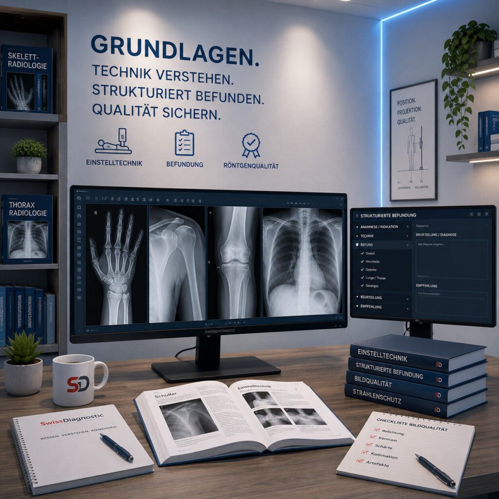 Grundlagen der konventionellen Radiologie mit Röntgenbildern, Einstelltechnik und strukturierter Befundung