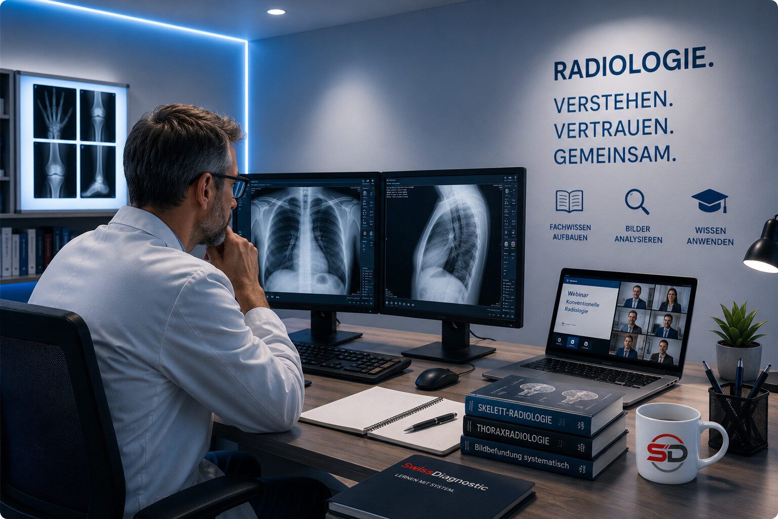 Radiologe bei der Befundung von Thorax-Röntgenbildern mit Webinar zur konventionellen Radiologie