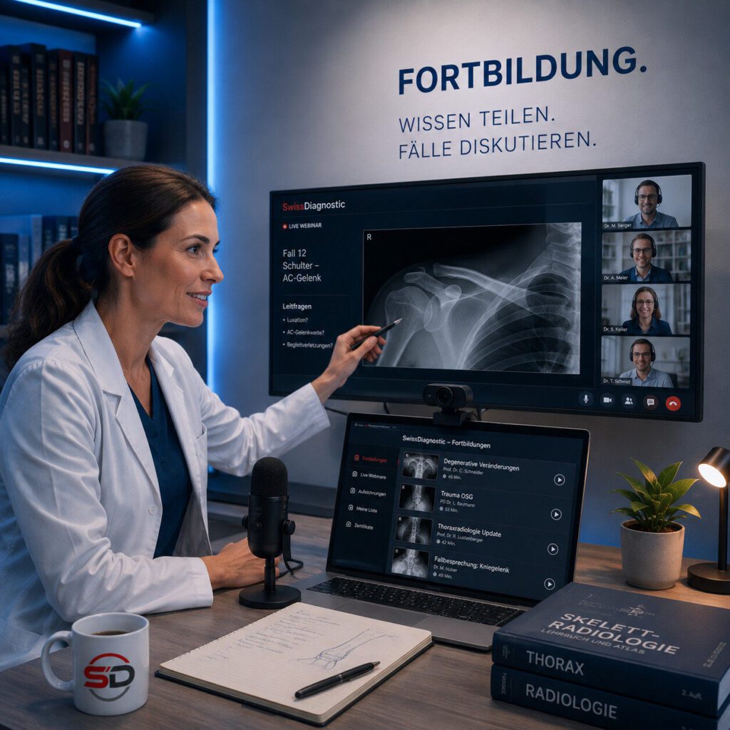 Radiologin bei einer SwissDiagnostic Online-Fortbildung mit Röntgenbild und Webinar-Teilnehmenden