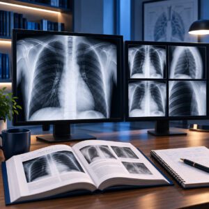 Moderne radiologische Befundungsstation mit Thoraxröntgenbildern auf zwei Monitoren und aufgeschlagenem radiologischem Fachbuch.