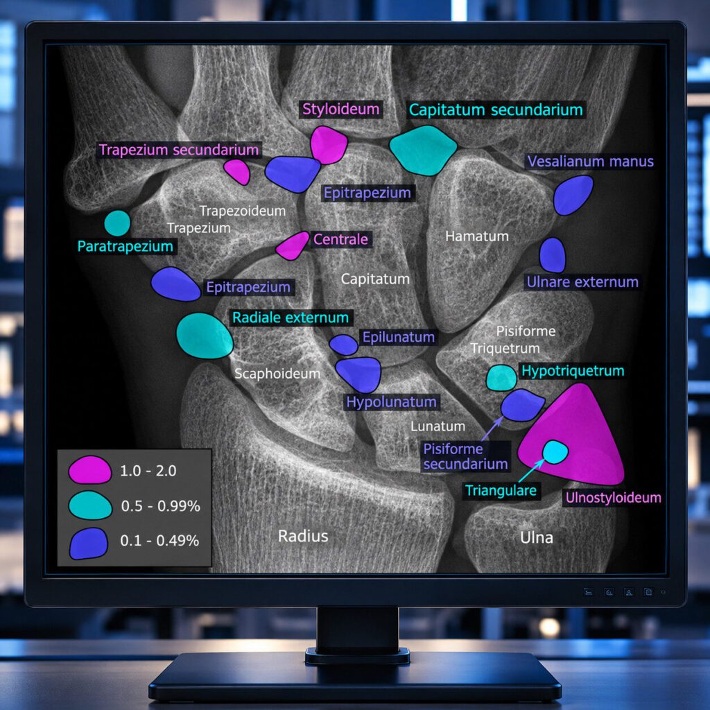 Röntgenaufnahme des Handgelenks auf einem radiologischen Monitor mit farbigen Markierungen der typischen Lokalisationen akzessorischer Handwurzelknochen und Angaben zu deren Häufigkeit.