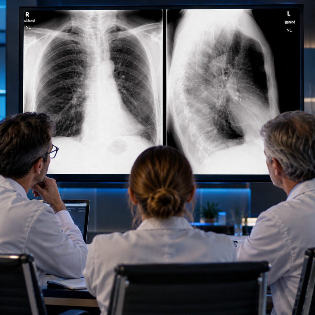 Radiologische Befundbesprechung einer Linksunterlappenatelektase. Drei Ärzte betrachten Thoraxröntgenaufnahmen in PA- und Seitenprojektion auf einem grossen diagnostischen Monitor.
