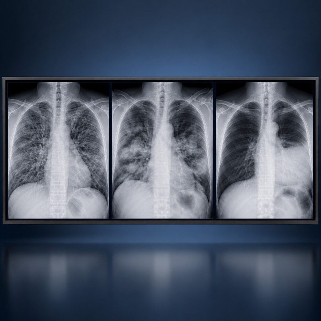Drei Thoraxröntgenaufnahmen mit unterschiedlichen pneumonischen Verschattungsmustern: retikulonoduläre Veränderungen, multifokale Infiltrate und lobäre Konsolidation.