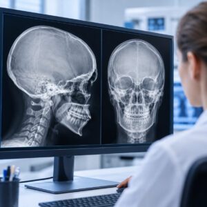 Konventionelle Schädelröntgenaufnahmen in seitlicher und frontaler Projektion am Befundmonitor