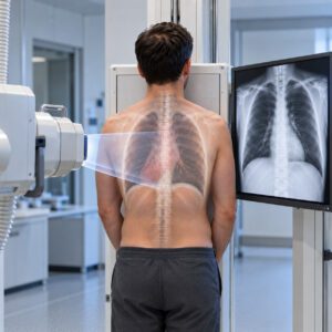 Konventionelles Röntgen mit Röntgenstrahl, Patient und Thoraxaufnahme am Detektor