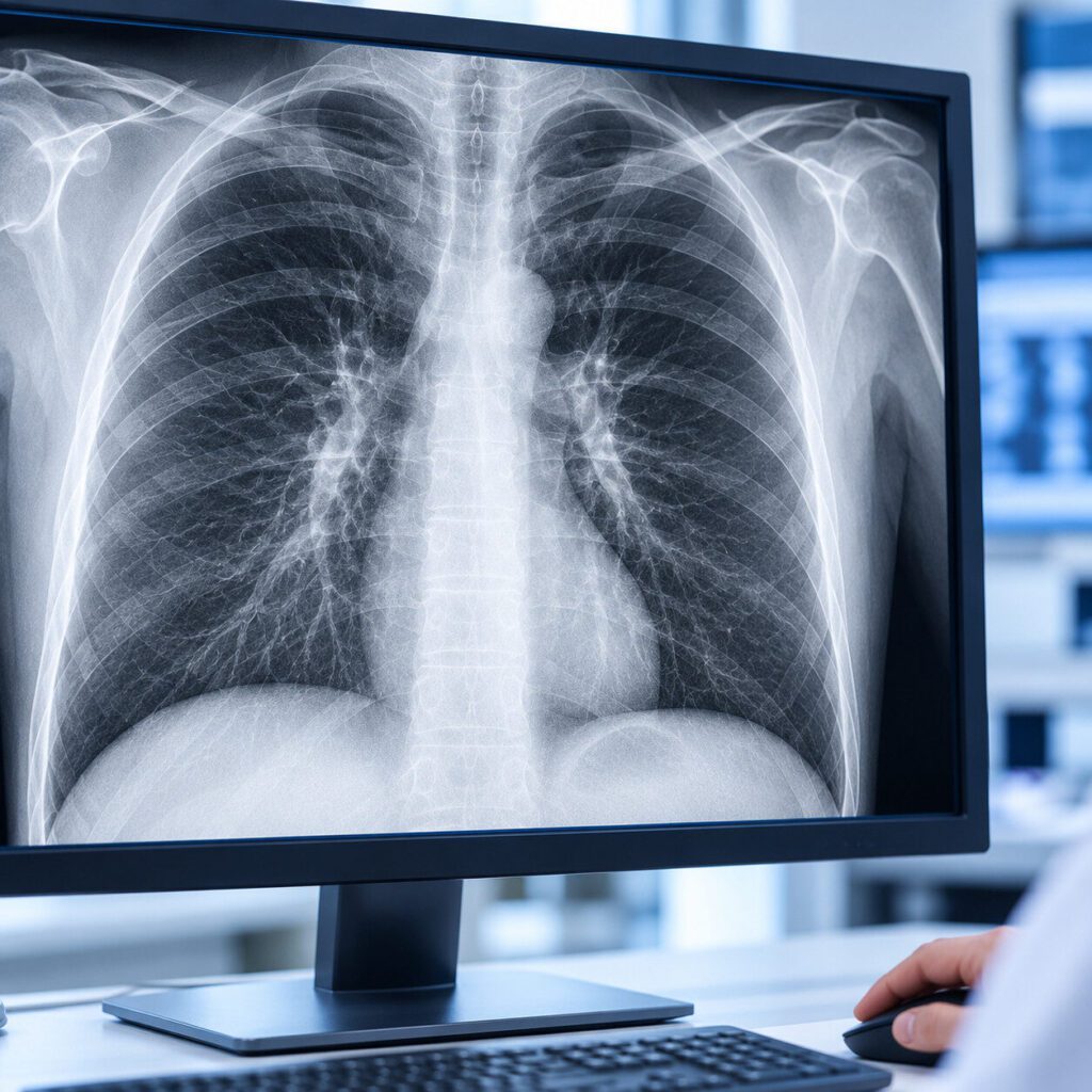 Thoraxröntgen am Befundmonitor zur systematischen Beurteilung des Lungenhilus