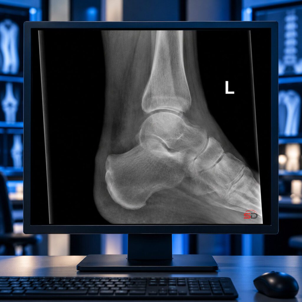 Seitliche Röntgenaufnahme des linken oberen Sprunggelenks auf einem radiologischen Befundmonitor. Eine Fraktur ist im konventionellen Röntgenbild nicht sicher abgrenzbar.