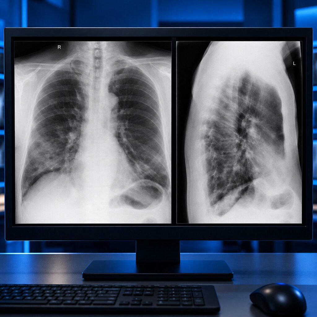 Thoraxröntgen in PA- und Seitenprojektion mit fleckigen, basal betonten pulmonalen Konsolidierungen bei Verdacht auf organisierende Pneumonie, dargestellt auf einem radiologischen Befundmonitor.