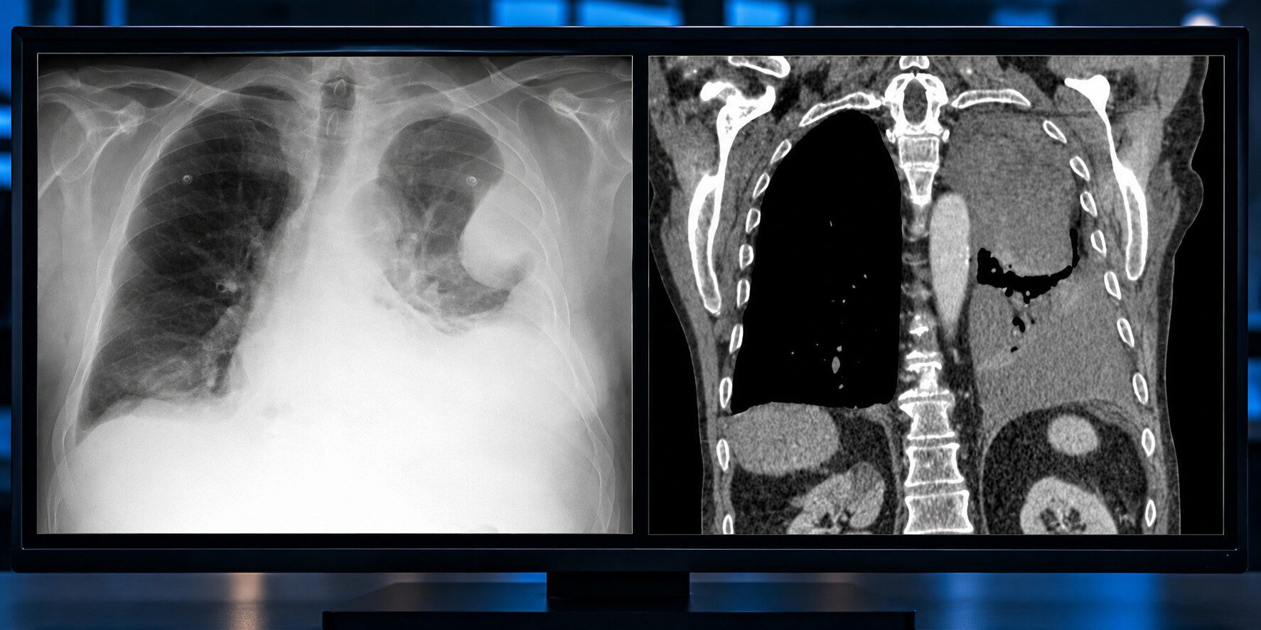Thoraxröntgen und koronare CT des Thorax mit ausgedehntem linksseitigem Pleuraerguss und zusätzlicher lokulierter Flüssigkeitsansammlung an der lateralen Thoraxwand.