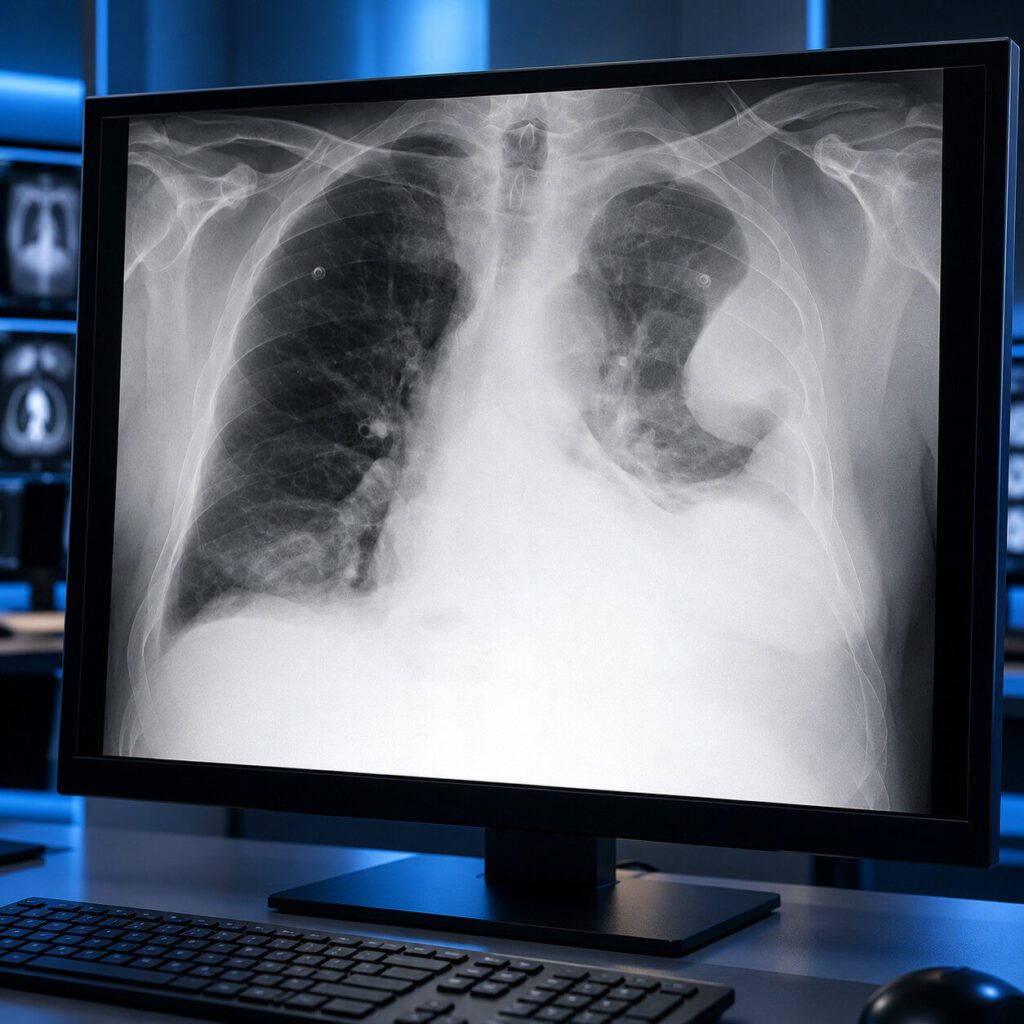 Thoraxröntgen mit ausgedehntem linksseitigem Pleuraerguss und zusätzlichem linsenförmig abgekapseltem Erguss an der lateralen Thoraxwand, dargestellt auf einem radiologischen Befundmonitor.
