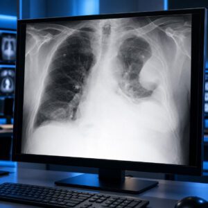 Thoraxröntgen mit ausgedehntem linksseitigem Pleuraerguss und zusätzlichem linsenförmig abgekapseltem Erguss an der lateralen Thoraxwand, dargestellt auf einem radiologischen Befundmonitor.