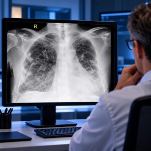 Pleuraverkalkungen im Thoraxröntgen am radiologischen Befundmonitor