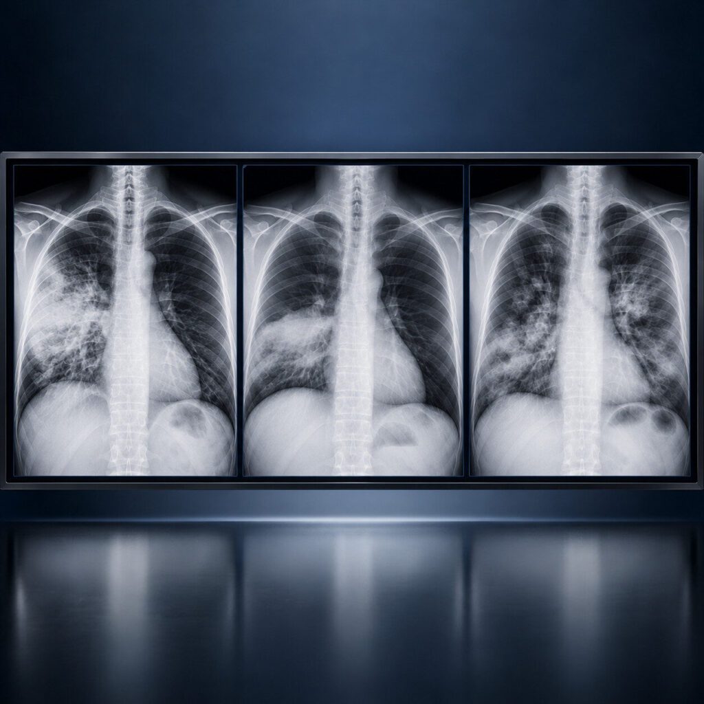 Drei Thoraxröntgenaufnahmen mit unterschiedlichen pneumonischen Verschattungsmustern: fokale alveoläre Konsolidierung, segmentale Verdichtung und multifokale Bronchopneumonie.