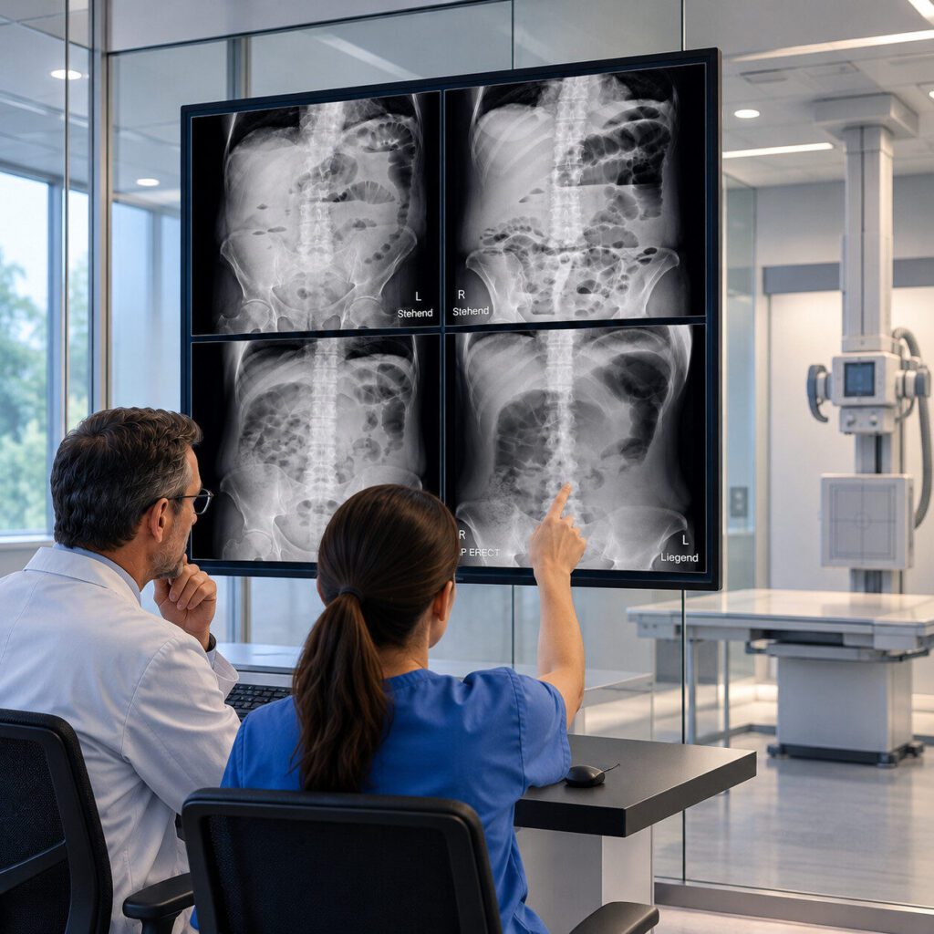 Zwei Radiologen besprechen vier Abdomen-Röntgenaufnahmen auf einer grossen Monitorwand. Im Hintergrund befindet sich ein konventionelles Röntgengerät.