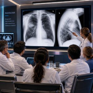 Radiologische Fallbesprechung einer Rundpneumonie beim Erwachsenen. Eine Radiologin erläutert mehreren Ärzten die rundliche Verschattung im rechten Lungenoberlappen anhand von Thoraxröntgenaufnahmen in PA- und Seitenprojektion.