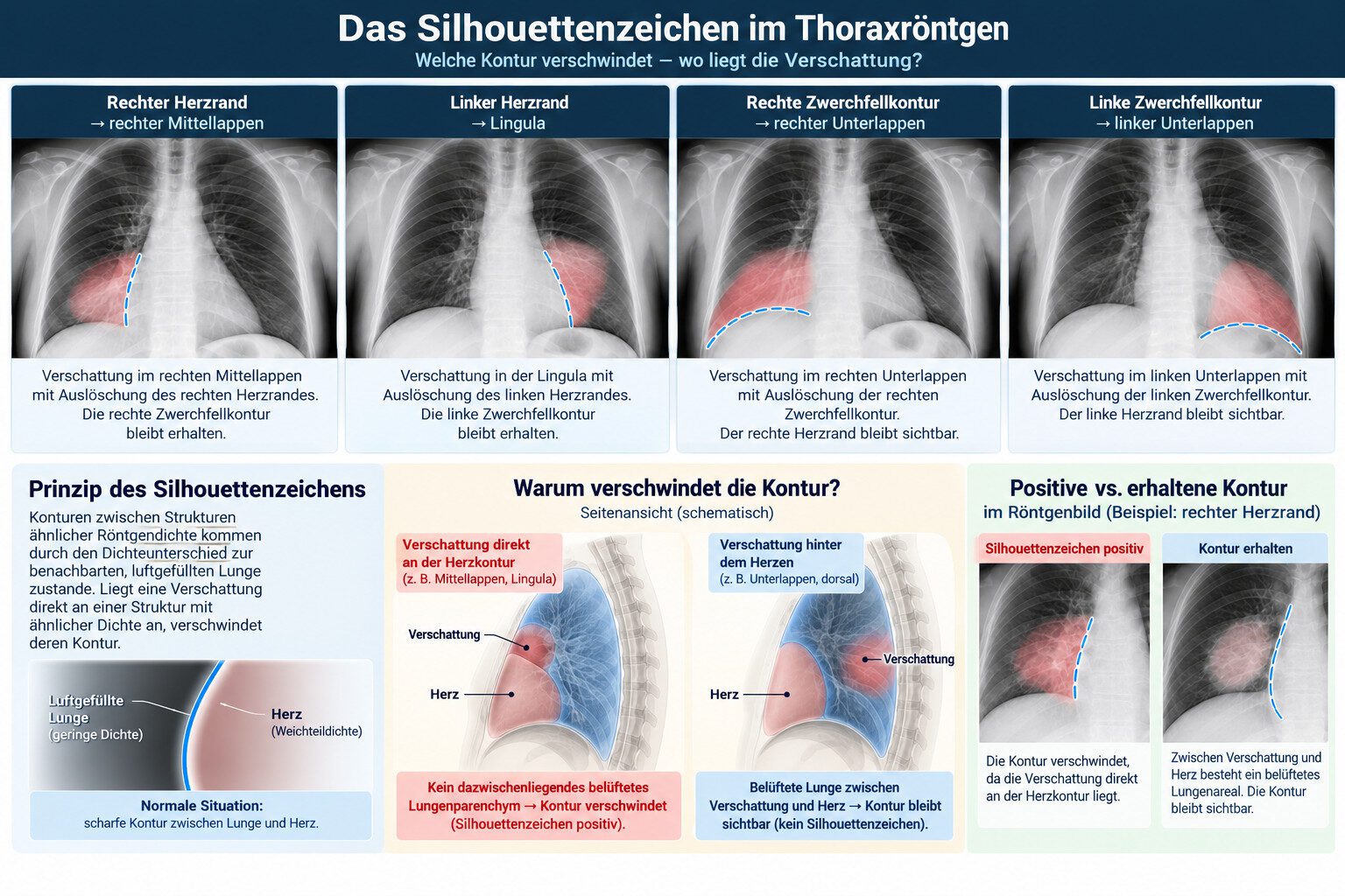 Infografik zum Silhouettenzeichen im Thoraxröntgen mit anatomischer Lokalisation von Verschattungen